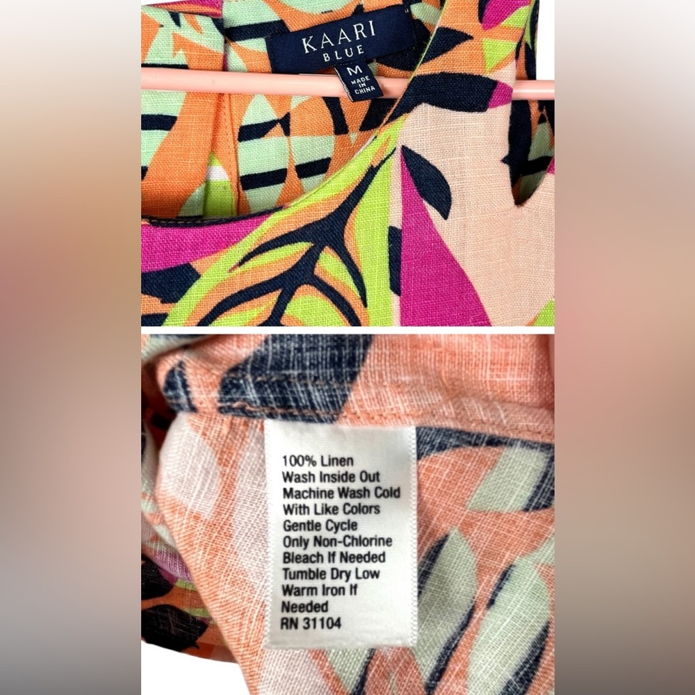 Tropical Leaf Print Linen Sleeveless High-Low Top by Kaari.  Women’s sized M - Picture 5 of 6